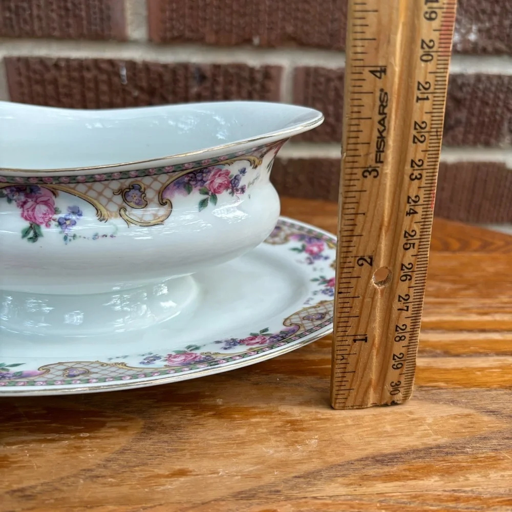 Vintage Victoria Czecho-slovakia Gravy boat  Pattern Pink Roses and gold basket